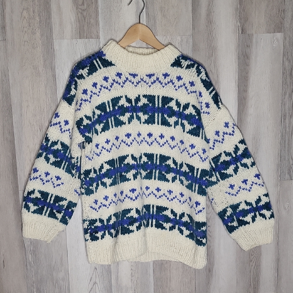 Vintage Mens Handmade Knit Sweater Fair Isle Nordic Cottage‎ Grandpacore 80s